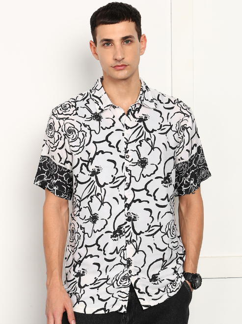 Fashion Plus StoreMen's Polyester Floral Printed Regular Shirt (Black)