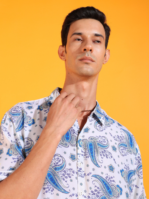 Fashion Plus StoreMen's Polyester Floral Buti Printed Regular Shirt (White)