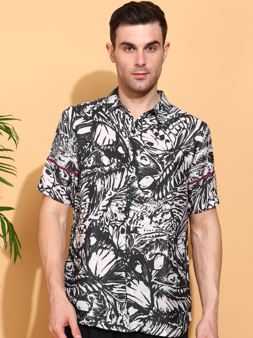 Fashion Plus StoreMen's Polyester Floral Printed Regular Shirt (Black)