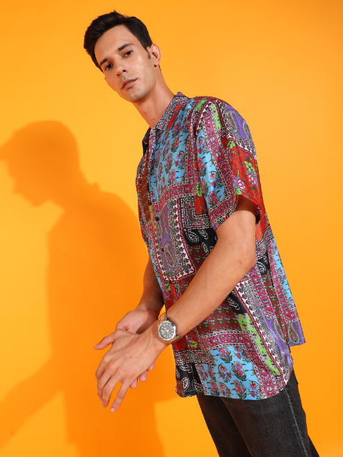 Fashion Plus Store Men's Polyester Floral Placement Printed Regular Shirt (Multi)