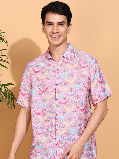 Fashion Plus StoreMen's Polyester Floral Printed Regular Shirt (Pink)