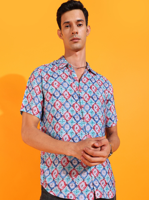 Fashion Plus StoreMen's Polyester Geometrical Printed Regular Shirt (Multi)
