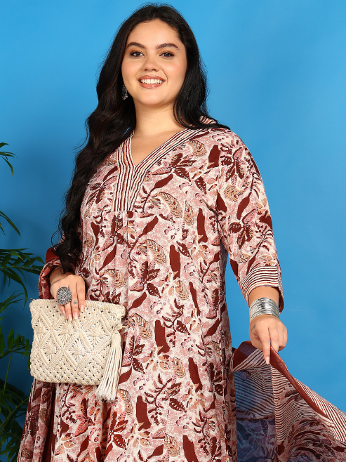 FASHION PLUS STORE Women’s Pure Cotton A-line Floral Print Kurta with Striped Pant & Dupatta V-Neck, 3/4 Sleeves