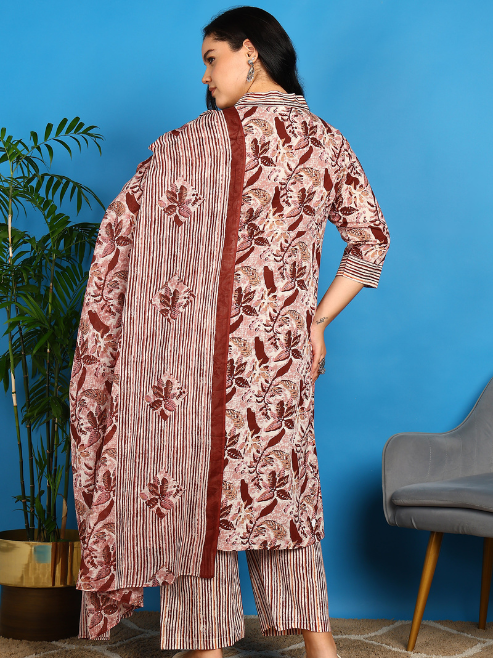 FASHION PLUS STORE Women’s Pure Cotton A-line Floral Print Kurta with Striped Pant & Dupatta V-Neck, 3/4 Sleeves