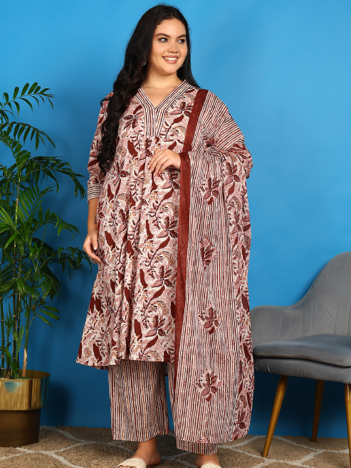 FASHION PLUS STORE Women’s Pure Cotton A-line Floral Print Kurta with Striped Pant & Dupatta V-Neck, 3/4 Sleeves