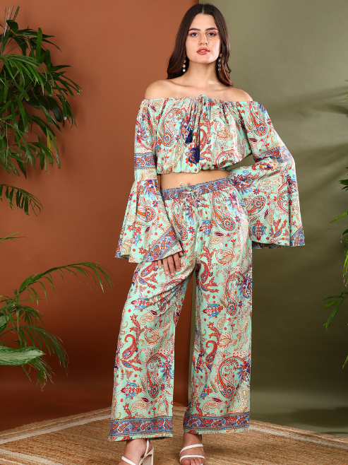 Fashion Plus Store Women’s Mint Green Printed Co-Ord Set | Off-Shoulder Crop Top & Wide-Leg Pants | Polyester Fabric | Casual & Party Wear