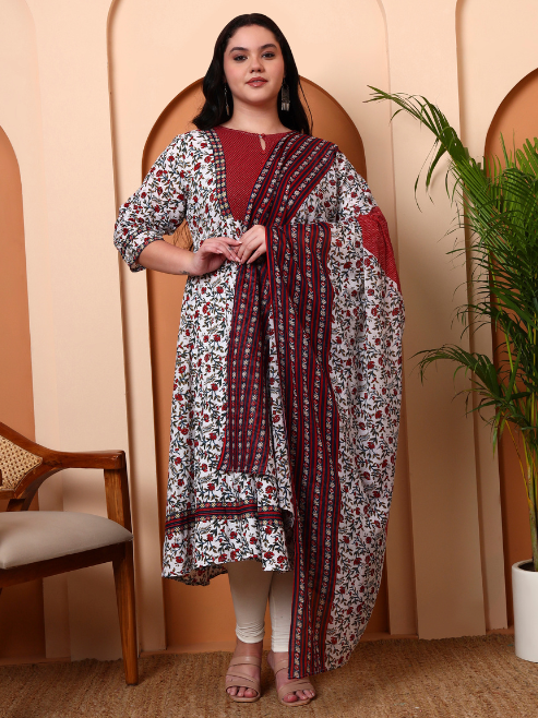 Fashion Plus Store Women's Cotton Floral Print With kantha Yoke Calf Length Round Neck 3/4TH Sleeve Anarkali Kurta And Duptta (White)