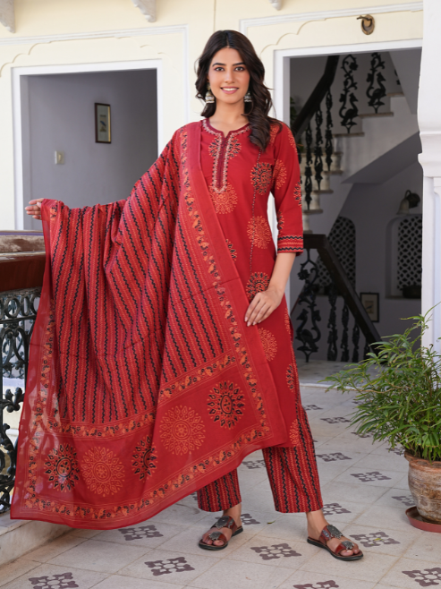 Maroon Printed Kurta Set with Dupatta for Women – Festive & Ethnic Wear