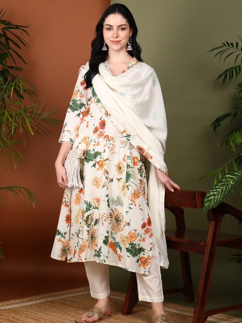White Floral Printed Kurta Set with Dupatta for Women – Elegant Ethnic Wear