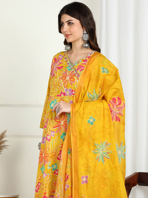 Fashion Plus Store Women’s Cotton Printed Anarkali Kurta with Dupatta and Pant Embroidered Neckline & 3/4 Sleeves (Yellow)
