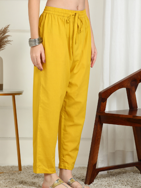 Fashion Plus Store Women’s Cotton Printed Anarkali Kurta with Dupatta and Pant Embroidered Neckline & 3/4 Sleeves (Yellow)