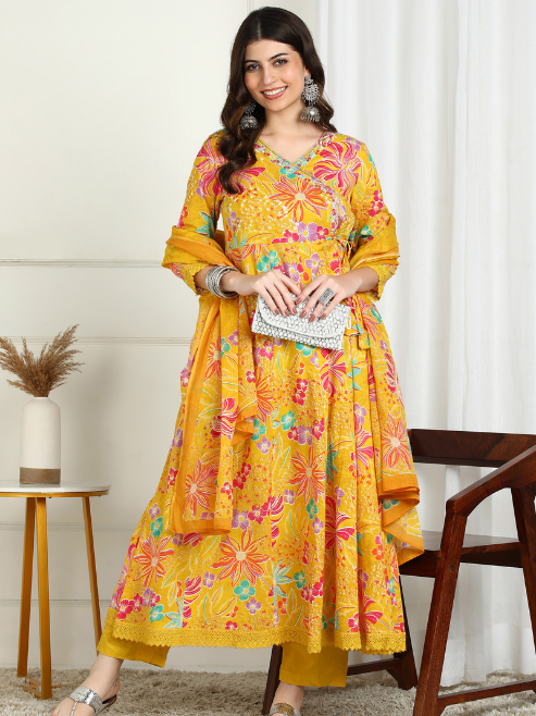 Fashion Plus Store Women’s Cotton Printed Anarkali Kurta with Dupatta and Pant Embroidered Neckline & 3/4 Sleeves (Yellow)
