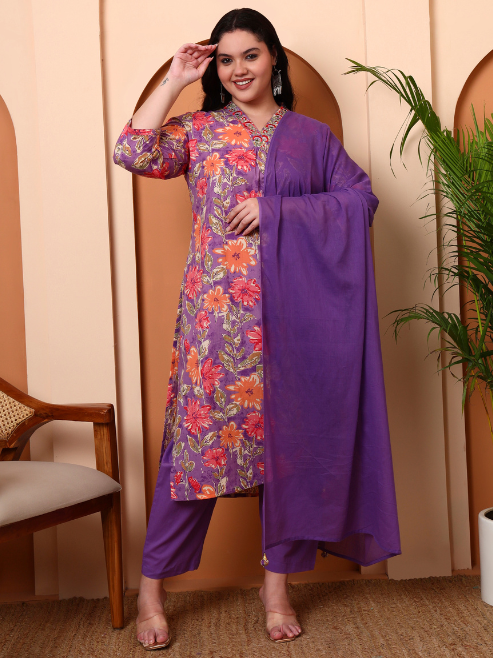 FASHION PLUS STORE Women's Purple Cotton Cambric Floral Print Calf Length V-Neck With Hand Work Detaliing 3/4 Sleeves Straight Kurta With Pant And Duptta (Purple)