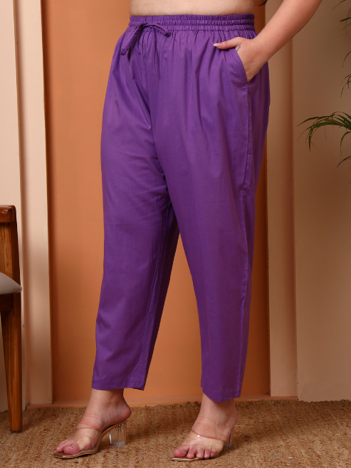 FASHION PLUS STORE Women's Purple Cotton Cambric Floral Print Calf Length V-Neck With Hand Work Detaliing 3/4 Sleeves Straight Kurta With Pant And Duptta (Purple)