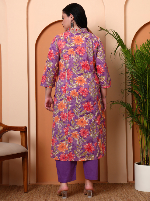 FASHION PLUS STORE Women's Purple Cotton Cambric Floral Print Calf Length V-Neck With Hand Work Detaliing 3/4 Sleeves Straight Kurta With Pant And Duptta (Purple)