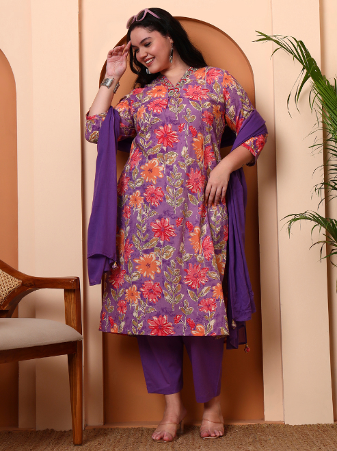 FASHION PLUS STORE Women's Purple Cotton Cambric Floral Print Calf Length V-Neck With Hand Work Detaliing 3/4 Sleeves Straight Kurta With Pant And Duptta (Purple)