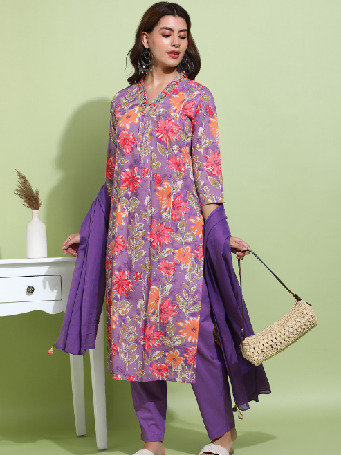 FASHION PLUS STORE Women's Purple Cotton Cambric Floral Print Calf Length V-Neck With Hand Work Detaliing 3/4 Sleeves Straight Kurta With Pant And Duptta (Purple)