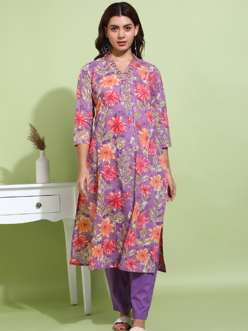 FASHION PLUS STORE Women's Purple Cotton Cambric Floral Print Calf Length V-Neck With Hand Work Detaliing 3/4 Sleeves Straight Kurta With Pant And Duptta (Purple)