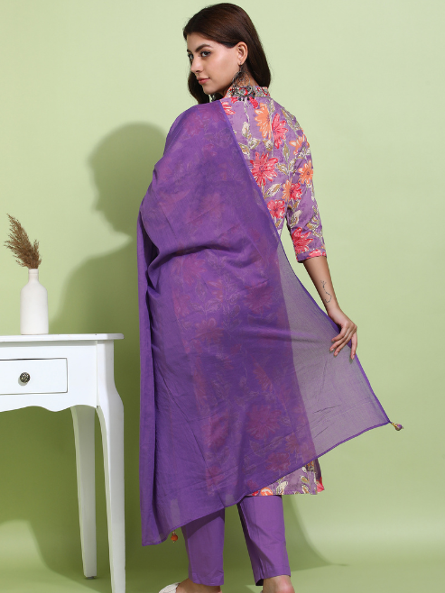 FASHION PLUS STORE Women's Purple Cotton Cambric Floral Print Calf Length V-Neck With Hand Work Detaliing 3/4 Sleeves Straight Kurta With Pant And Duptta (Purple)