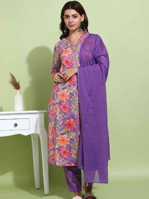 FASHION PLUS STORE Women's Purple Cotton Cambric Floral Print Calf Length V-Neck With Hand Work Detaliing 3/4 Sleeves Straight Kurta With Pant And Duptta (Purple)