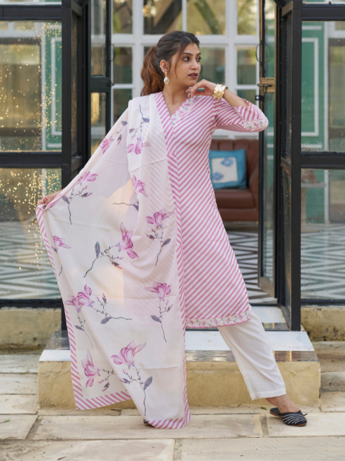 Fashion Plus Store Women’s Chinon Printed Kurta with Floral Embroidery V-Neck, 3/4 Sleeves, Matching Pant & Printed Dupatta (Pink)