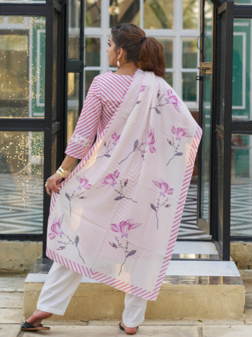 Fashion Plus Store Women’s Chinon Printed Kurta with Floral Embroidery V-Neck, 3/4 Sleeves, Matching Pant & Printed Dupatta (Pink)