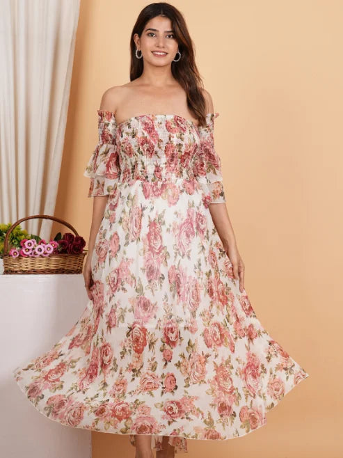 Fashion Plus Store WOMEN'S Floral Chiffon Maxi DRESS Off Shoulder Neck with Smocked Summer Dress (Multi)