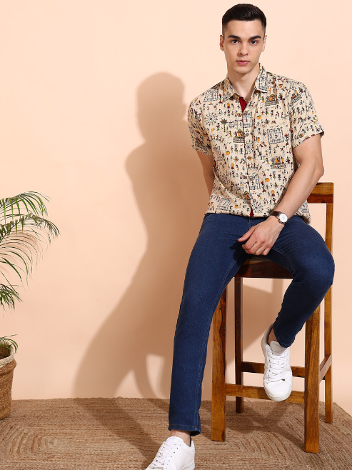 Fashion Plus Store Men's Cotton Warli Print   Regular Shirt (Offwhite )