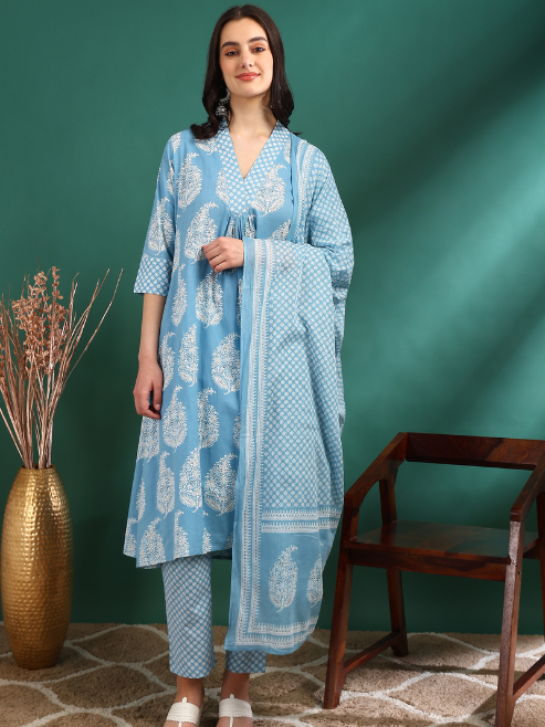 Fashion Plus Store Women's Cotton Buta Print  Calf Length V- Neck  3/4TH Sleeve  A-Line Kurta Paired With Elastic Bottom And Duptta  (BLUE)