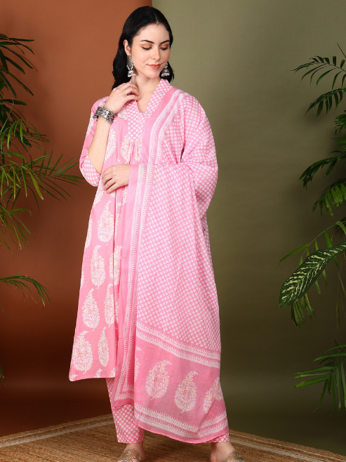Pink Printed Kurta Set with Dupatta for Women – Stylish Ethnic Wear