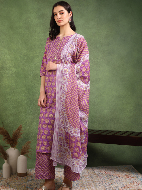 Fashion Plus Store Women's Cotton Calf Length 3/4th Sleeve Floral Printed Gotta patti Straight Kurta with Printed Pant & Dupatta