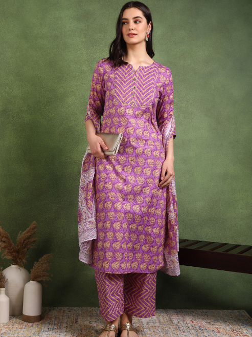 Fashion Plus Store Women's Cotton Calf Length 3/4th Sleeve Floral Printed Gotta patti Straight Kurta with Printed Pant & Dupatta