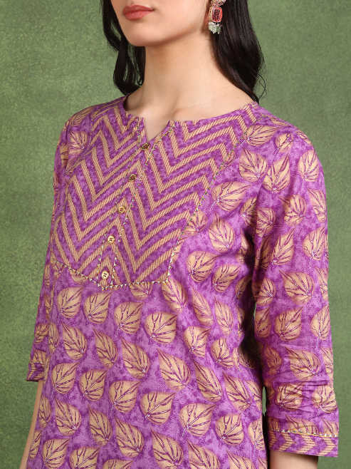Fashion Plus Store Women's Cotton Calf Length 3/4th Sleeve Floral Printed Gotta patti Straight Kurta with Printed Pant & Dupatta