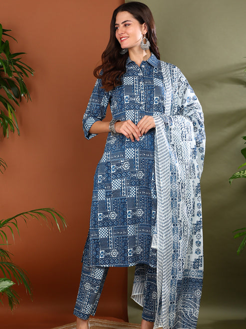 Fashion Plus Store Women's Cotton Geometrical Print Calf Length Shirt Collar 3/4th Sleeve Straight Kurta With Pant And Duptta (Blue)