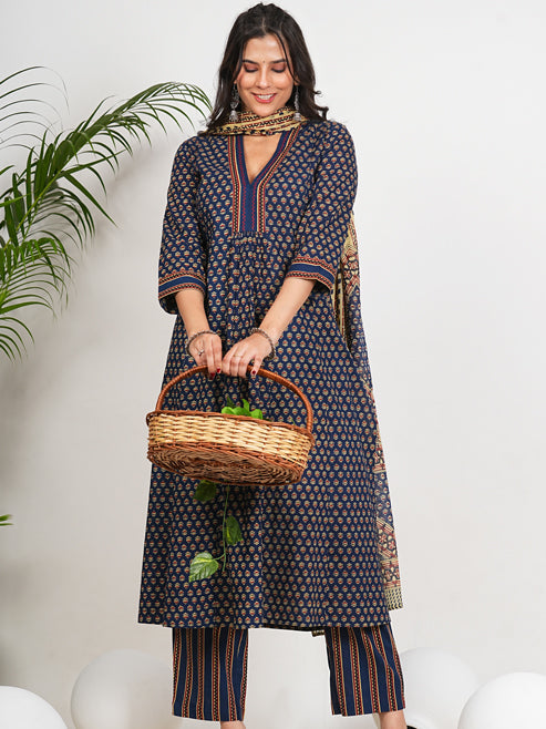 Fashion Plus Store Women's Printed Cotton Calf Length V-Neck 3/4th Sleeve Straight Kurta Pant And Duptta (Navy)