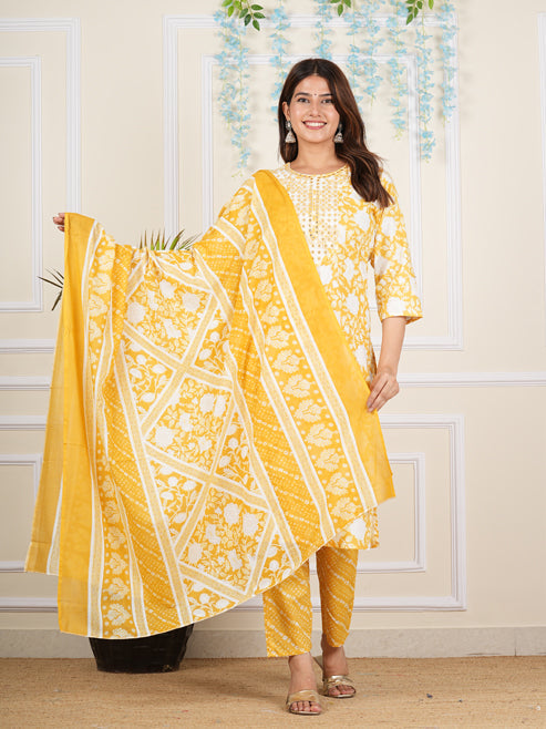 Fashion Plus Store Women's Cotton cambric Knee Length 3/4th Sleeve Round Neck Floral Printed Embroidered Yellow Kurta with Printed Pant & Dupatta
