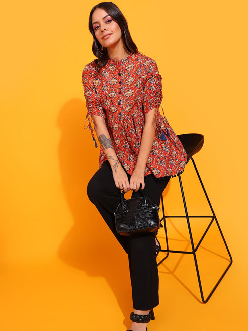 Fashion Plus Store Women's Cotton Floral Print Waist Length Drawstring Sleeve Mandarin Collar Short Kurti (Orange)
