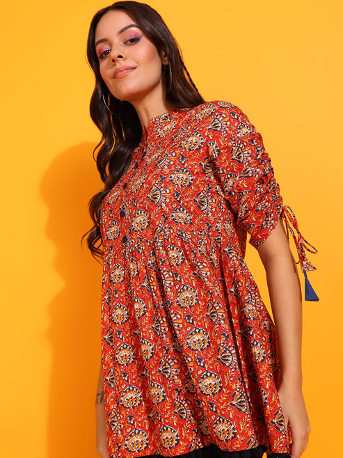 Fashion Plus Store Women's Cotton Floral Print Waist Length Drawstring Sleeve Mandarin Collar Short Kurti (Orange)