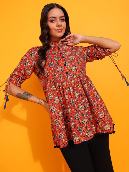 Fashion Plus Store Women's Cotton Floral Print Waist Length Drawstring Sleeve Mandarin Collar Short Kurti (Orange)