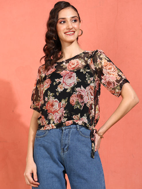 Fashion Plus Store Women's  Chiffon  Floral Print  Round Neck Puff Sleece  Top