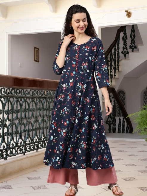 Festive & Party Floral Print Kurti (Blue)