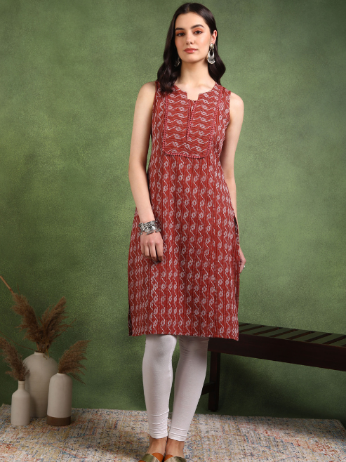 Fashion Plus Store Women's Cotton  Crambric  Knee  Length  Geometrical  Print  Sleeveless  Notch  Neck Regular Fitted Short Kurti