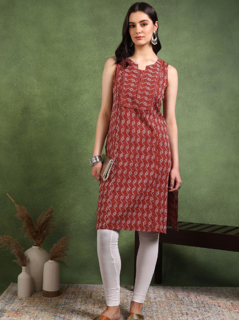 Fashion Plus Store Women's Cotton  Crambric  Knee  Length  Geometrical  Print  Sleeveless  Notch  Neck Regular Fitted Short Kurti