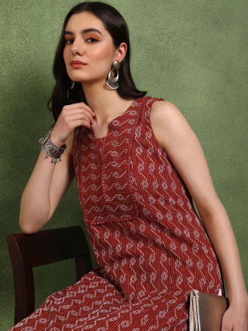 Fashion Plus Store Women's Cotton  Crambric  Knee  Length  Geometrical  Print  Sleeveless  Notch  Neck Regular Fitted Short Kurti