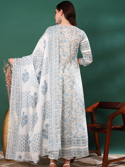 Fashion Plus Store Women's Cotton Floral Print 3/4th Sleeve Round Neck Regular Fitted Sequence Work White A-line Kurta with Dupatta