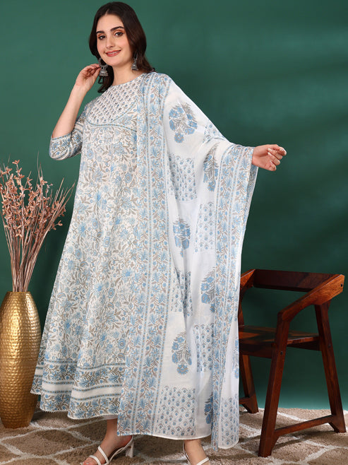 Fashion Plus Store Women's Cotton Floral Print 3/4th Sleeve Round Neck Regular Fitted Sequence Work White A-line Kurta with Dupatta