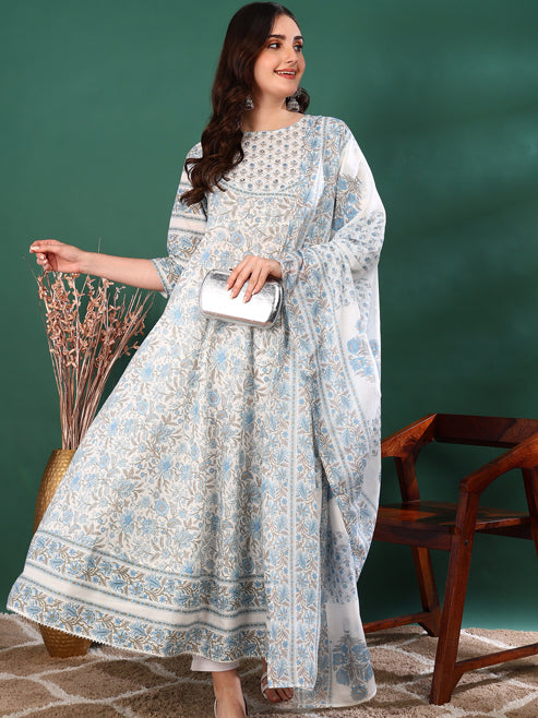 Fashion Plus Store Women's Cotton Floral Print 3/4th Sleeve Round Neck Regular Fitted Sequence Work White A-line Kurta with Dupatta