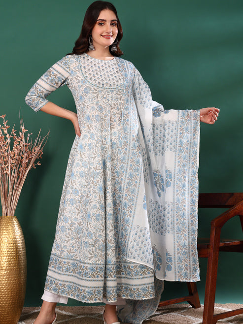 Fashion Plus Store Women's Cotton Floral Print 3/4th Sleeve Round Neck Regular Fitted Sequence Work White A-line Kurta with Dupatta