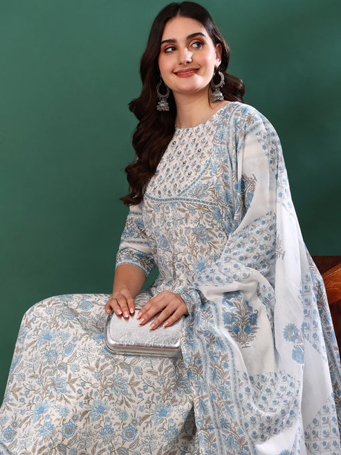 Fashion Plus Store Women's Cotton Floral Print 3/4th Sleeve Round Neck Regular Fitted Sequence Work White A-line Kurta with Dupatta