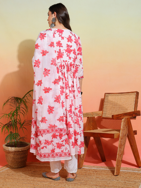 Cotton Floral Printed 3/4th Sleeve V-neck Embroidered Work Anarkali Kurta With Dupatta